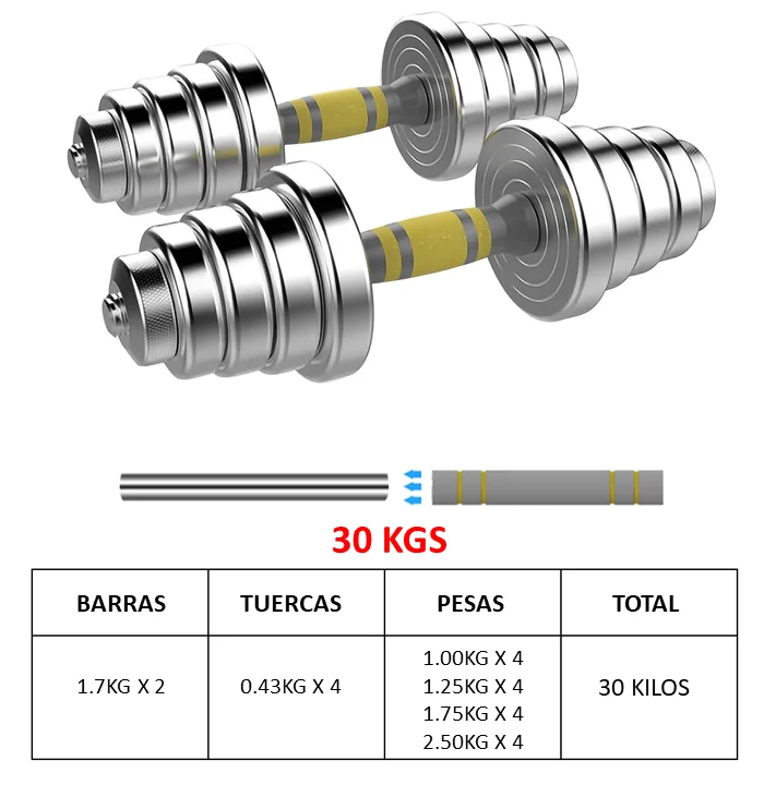 Juego de Mancuernas 3 en1 de 30 Kilos con 16 discos y barra, Marca Fit-Force - Image 13